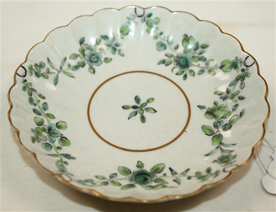 A Bristol fluted coffee cup and a Worcester tea bowl and saucer, c.1770-80, saucer 4.9in.